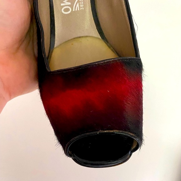 Vintage W9 - 90s Salvatore Ferragamo Pony Skin Peeptoe Heels - Picture 2 of 12